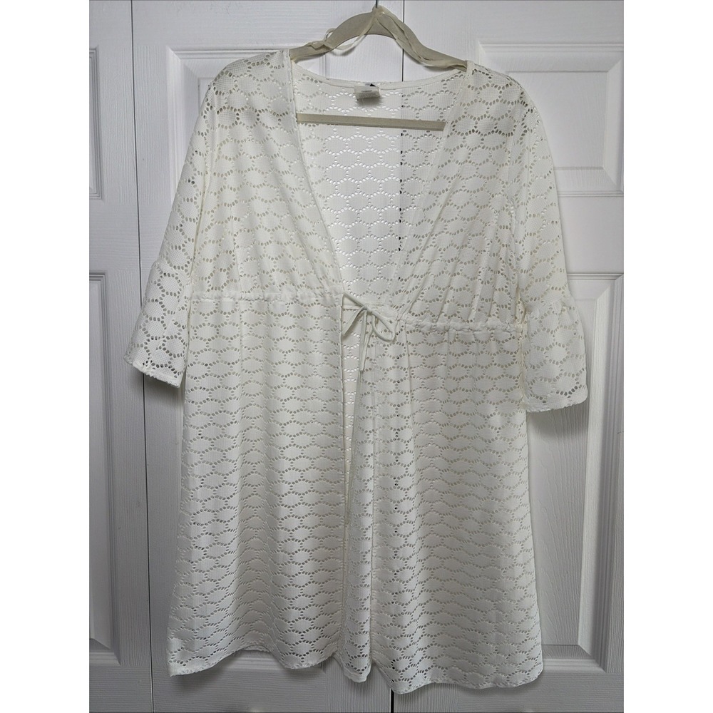 Jantzen Eyelet Swim Cover Up Womens Size L White Tie Front Bell Sleeve Resort